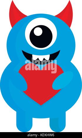 Cute monster with red heart love. Monster cartoon, vector cute alien illustration Stock Vector