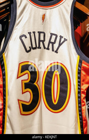 Stephen Curry Hardwood Classics 2009-10 home authentic jersey from Mitchell & Ness on sale in the NBA store in Manhattan. Stock Photo