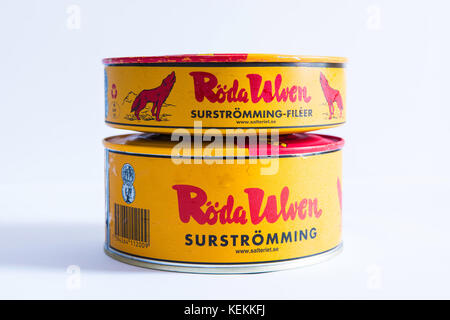 Cans of Roda Ulven surstomming. Considered by many to be the world's smelliest food. Stock Photo