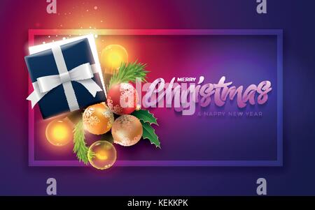 Christmas decoration objects, half open Christmas gift box with magical lights. Christmas and new year greeting and poster design. Surprise Christmas  Stock Vector