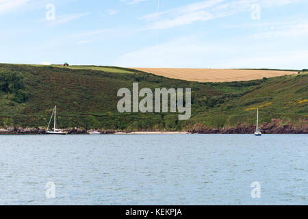 Yachts anchored in Watwick bay with a tractor cutting grass on the fields above Stock Photo