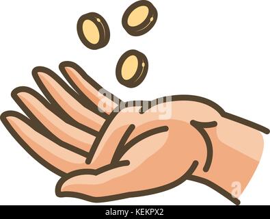 Hand and money or gold coins. Earnings, cash, profit, income icon. Vector illustration Stock Vector