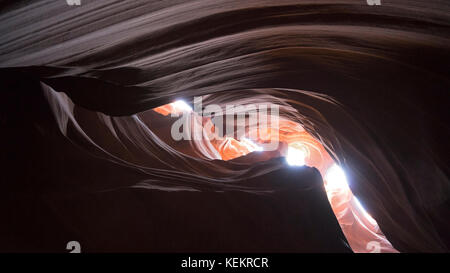 Upper Antelope Canyon is a slot canyon, result of eroded Navajo Sandstone, very popular and photogenic touristic destination close to Page in Arizona. Stock Photo