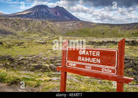 Sign at Raihuen crater below Volcan Casablanca, Puyehue National Park, Los Lagos Region, Patagonia, Chile Stock Photo