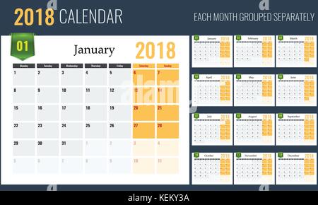 2018 Calendar template, planner, 12 pages. Easy to edit, each month grouped separately. Illustrated vector Stock Vector