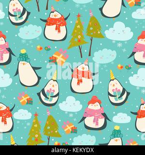 Seamless pattern with cute penguins Stock Vector