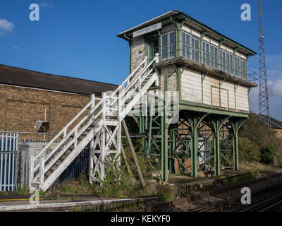 A Victorian signal box at Canterbury East train station in Kent ...