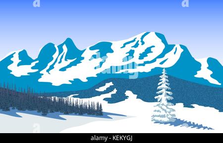 Winter landscape with silhouettes of mountains and forest. Snow and shadows. Vector illustration Stock Vector