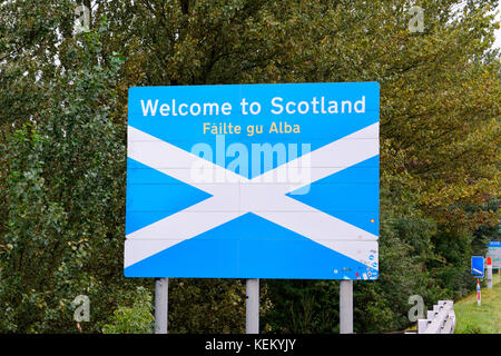 Gretna, United Kingdom - September 7, 2017. Welcome to Scotland road sign on the border between England and Scotland. Stock Photo