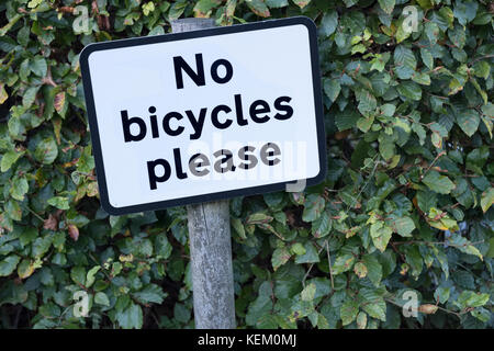 No Bicycles Please Sign In Hedge Bush Green England Uk Stock Photo