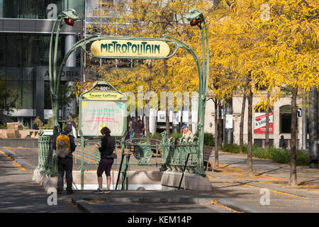 Montreal, Canada - 22 October 2017: Square Victoria Subway Station Entrance  with Art Nouveau Style by Guimard Stock Photo
