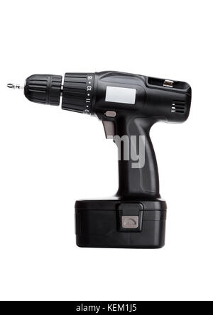 Black cordless drill with battery and drill bit on white background Stock Photo