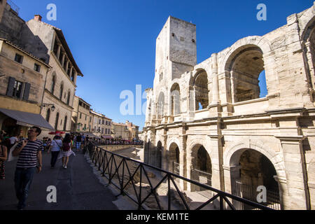 The Arles Amphitheatre (Arenes d'Arles in French), a two-tiered Roman amphitheatre in the southern France town of Arles. A World Heritage Site since 1 Stock Photo