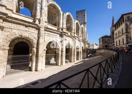 The Arles Amphitheatre (Arenes d'Arles in French), a two-tiered Roman amphitheatre in the southern France town of Arles. A World Heritage Site since 1 Stock Photo