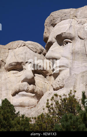 Teddy Roosevelt and Abraham Lincoln close up on Mt. Rushmore National Memorial Stock Photo