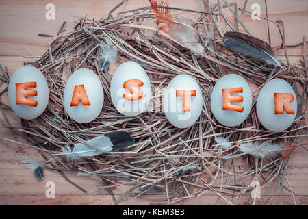 Easter eggs on the nest. Easter eggs for Easter holidays design. Easter eggs with abc cookie text. Stock Photo