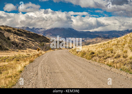 Road in Chacabuco Valley, future Patagonia National Park, near Cochrane, Chile Stock Photo