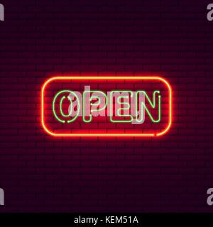 Open neon sign on brick wall. Vintage signboard Stock Vector