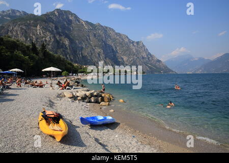 The beach at Limone sul Garda, on Lake Garda, in the Lombardy region, north Italy, Europe Stock Photo
