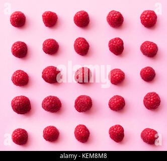 A beautiful selection of freshly picked ripe red raspberries on trendy pink background. Colorful diet and healthy food concept. Flat lay style. Stock Photo