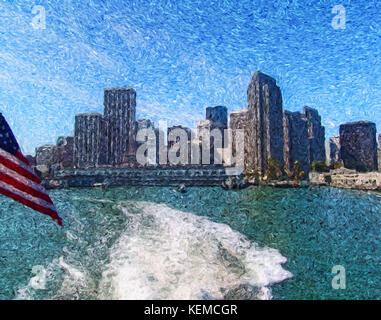 Digital Art with fine brush strokes, cityscape of San  Francisco from a boat Stock Photo