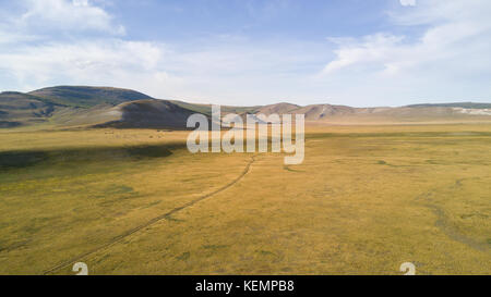 Aerial view from a drone of a vast mountain landscape in northern Mongolia. Khuvsgol, Mongolia. Stock Photo