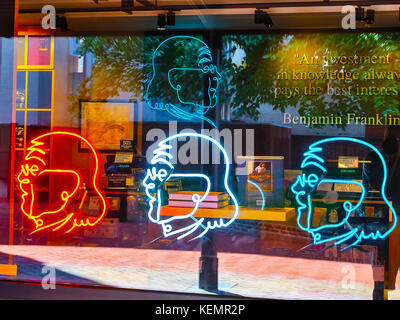 Window with Franklin's luminous portraits,   Benjamin Franklin Museum, Philadelphia, Pennsylvania, USA Stock Photo