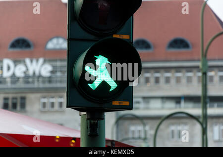 East German green Ampelmännchen, little traffic light men, Ampelmann, pedestrian signals symbol, Berlin, Germany Stock Photo