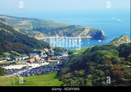 Clifftop view of Lulworth cove from footpath leading to Durdle door, Dorset, England Stock Photo