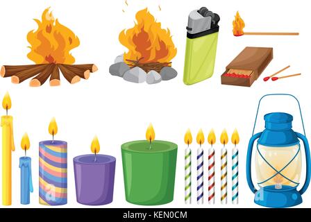 Illustration of the set of things that causes fires on a white background Stock Vector