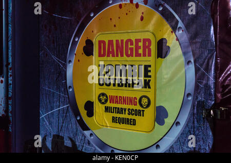 Zombie outbreak sign at a Halloween event in Shenzhen, China Stock Photo