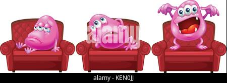 Illustration of the red chairs with pink monsters on a white background Stock Vector