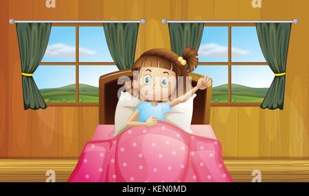 Illustration of a girl waking up in bed Stock Vector