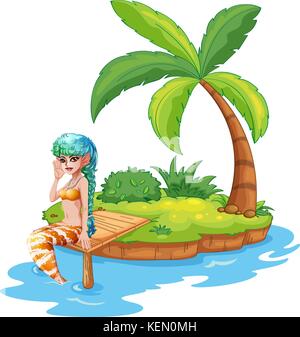 Illustration of a pretty mermaid in the island on a white background Stock Vector