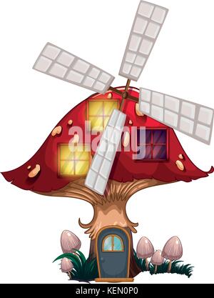 Illustration of a mushroom house with a windmill on a white background Stock Vector