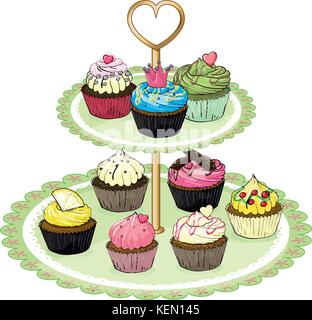 Illustration of a cupcake tray with cupcakes on a white background Stock Vector