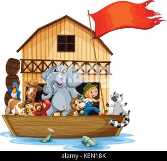 Illustration of many animals on a boat Stock Vector