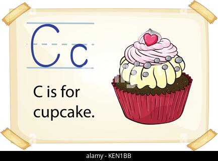 Literacy card showing the letter C with example object and sentence Stock Vector