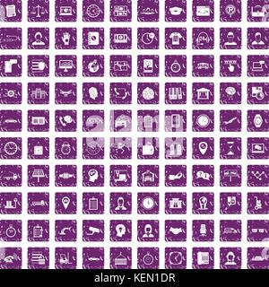100 working hours icons set grunge purple Stock Vector