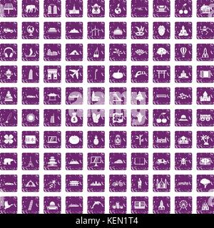 100 world icons set grunge purple Stock Vector