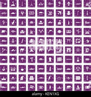 100 world tour icons set grunge purple Stock Vector