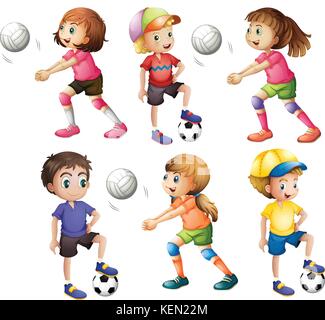 Illustration of the kids playing volleyball and football on a white background Stock Vector