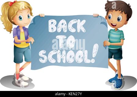 Illustration of a girl and a boy holding a back to school sign Stock Vector