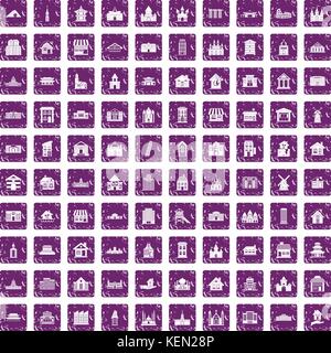100 building icons set grunge purple Stock Vector