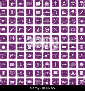 100 building materials icons set grunge purple Stock Vector