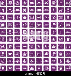 100 bus icons set grunge purple Stock Vector