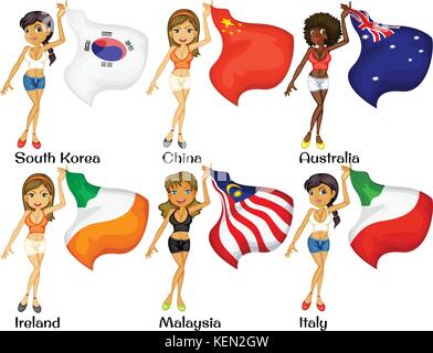 Illustration of girls holding flags