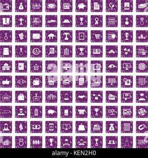 100 business icons set grunge purple Stock Vector