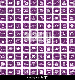 100 business icons set grunge purple Stock Vector