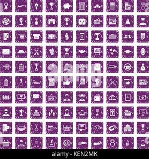 100 business career icons set grunge purple Stock Vector